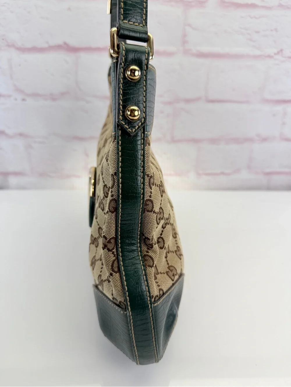 Gucci Beige/Ebony GG Canvas Green Leather Horsebit Hobo Bag